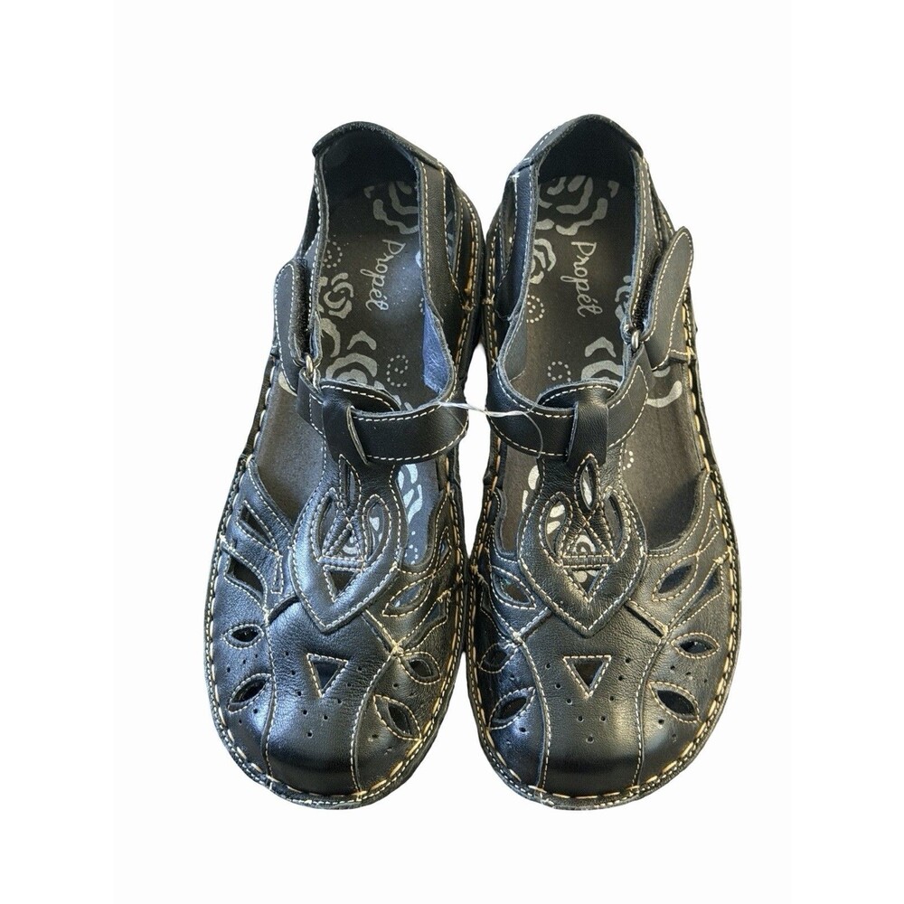 Propet Women's Size 6 M Leather Mary Jane Sandals ~ Black With Gold Stitches